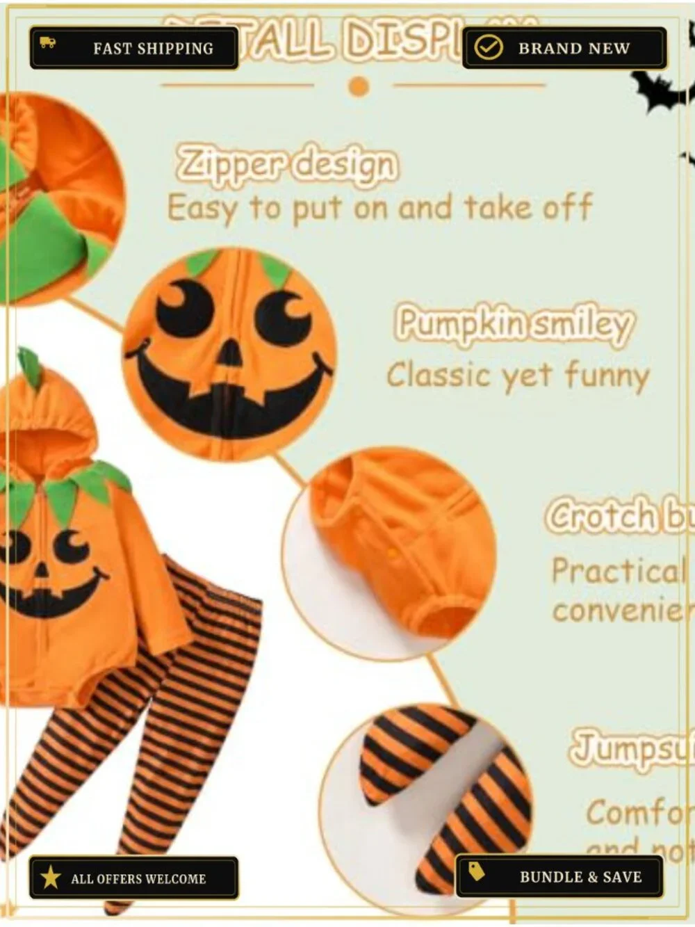 Infant Pumpkin Halloween Costume Set Hoodie Top Striped Pants Fall Outfit